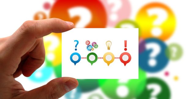 Card with question mark, light bulb, and exclamation mark. Solving a moral dilemma starts with a good moral question. That question lays the foundation for further steps.